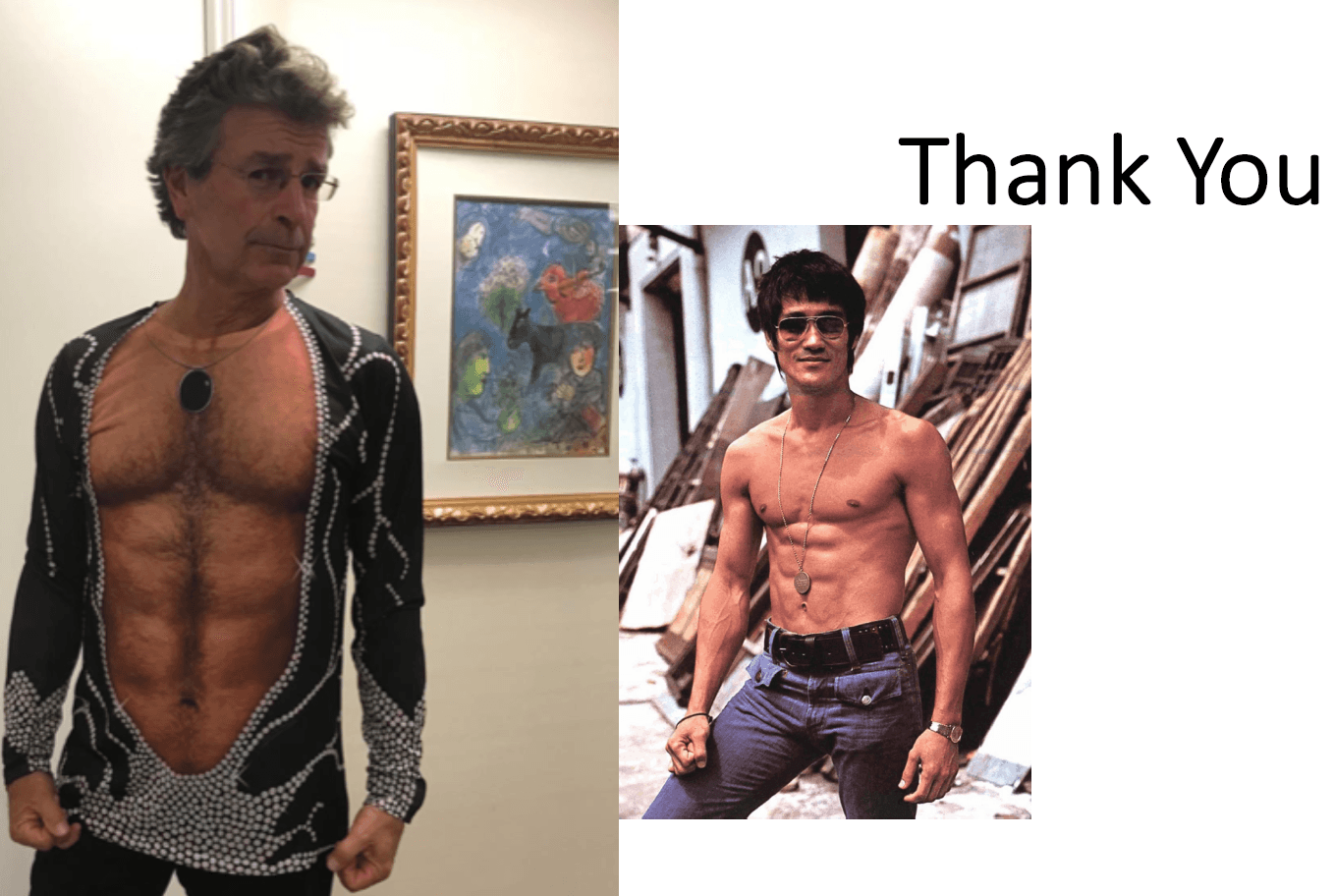 Dr. Persky in a faux muscle shirt next to an image of a shirtless Bruce Lee baring his chiseled abs. 